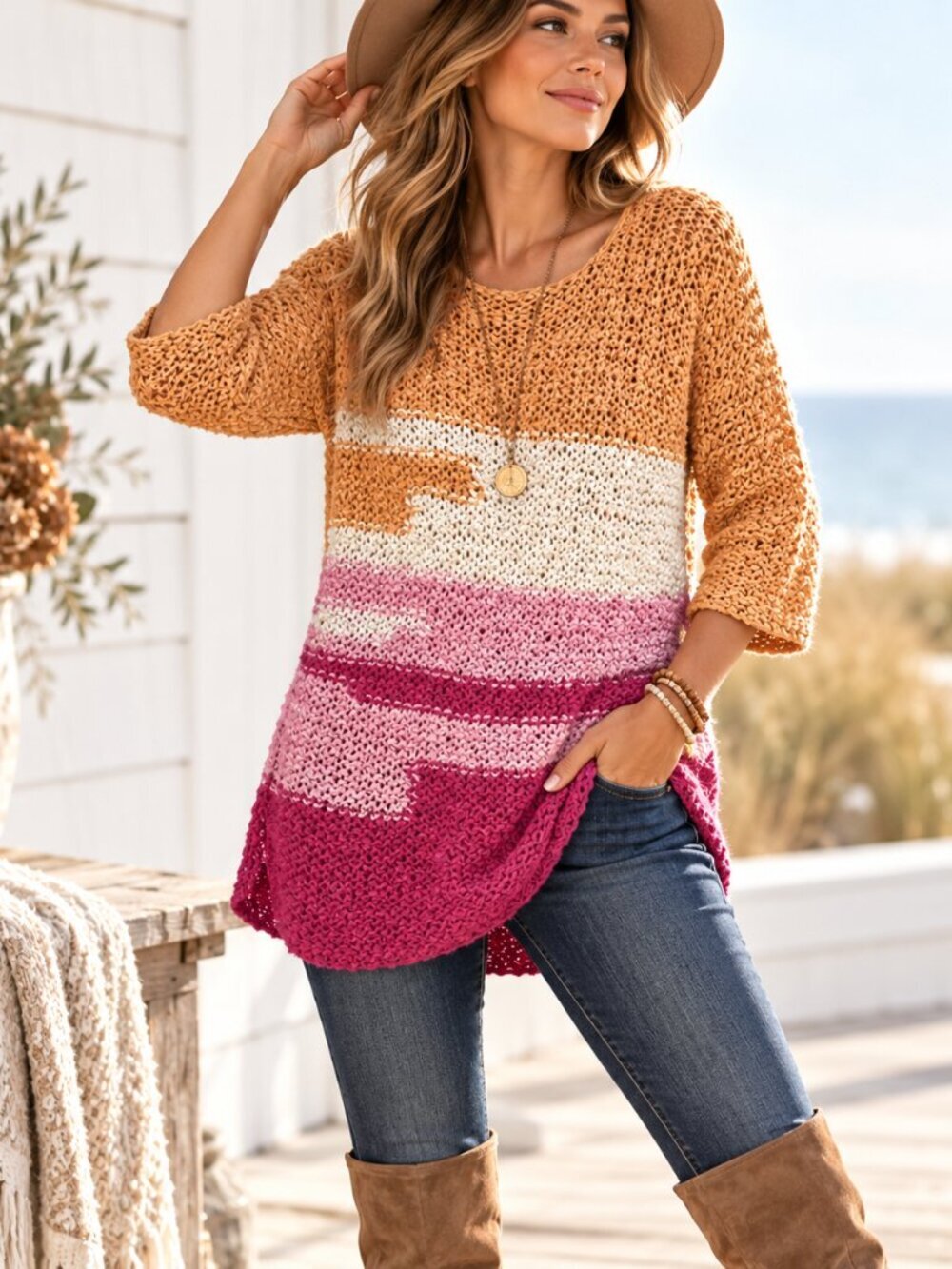 J. JILL Women's Ivory Pink Orange Ombre Tunic Chunky Knit Sweater M Coastal New